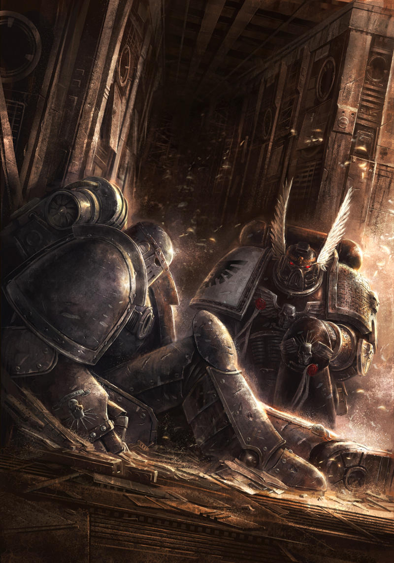 2boys adeptus_astartes ameen_naksewee armor backpack bag full_armor helmet male_focus multiple_boys pauldrons shoulder_armor sitting warhammer_40k winged_helmet