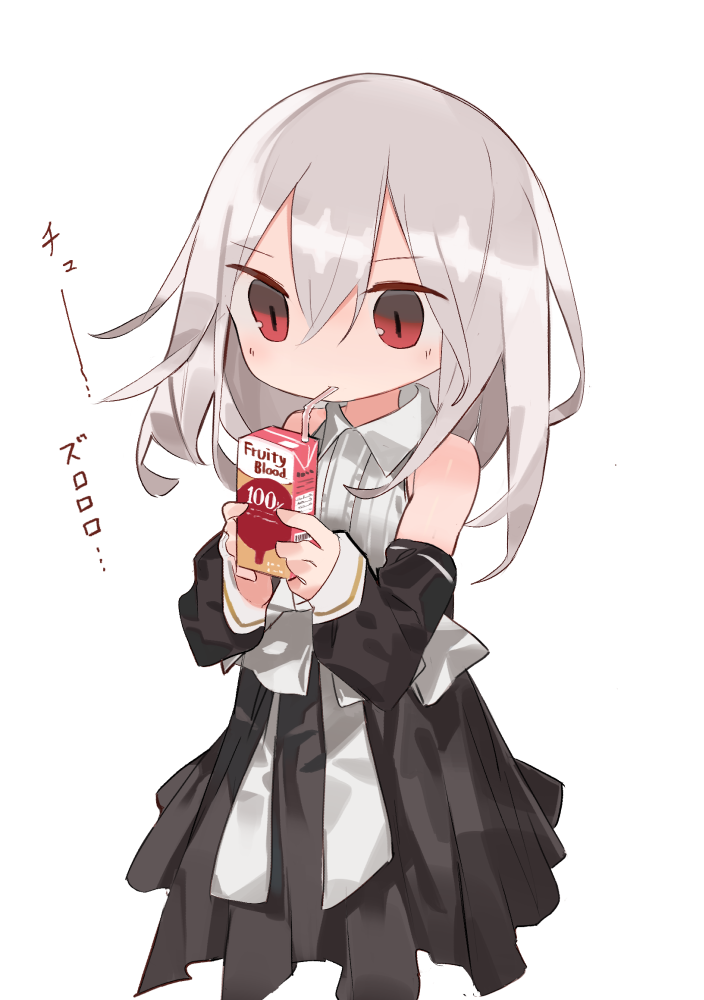 1girl bangs bare_shoulders black_pants black_pupils black_sleeves black_sweater blush child cloneko_(zelmeledf2) closed_mouth clothes_around_waist collared_shirt commentary detached_sleeves drink drinking drinking_straw english_text eyebrows_visible_through_hair flat_chest grey_hair hands_up holding holding_drink juice_box light_blush medium_hair original pants red_eyes shiny shiny_hair shirt sidelocks simple_background sleeveless sleeveless_shirt solo standing sweater sweater_around_waist translation_request vampire white_background white_shirt