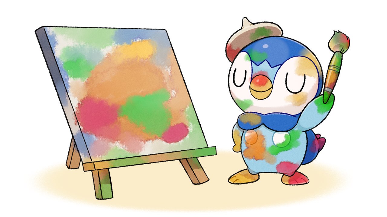 artist_painter canvas_(object) closed_eyes closed_mouth commentary_request hat hatted_pokemon holding holding_paintbrush no_humans official_art paintbrush piplup pokemon pokemon_(creature) project_pochama smile solo standing toes