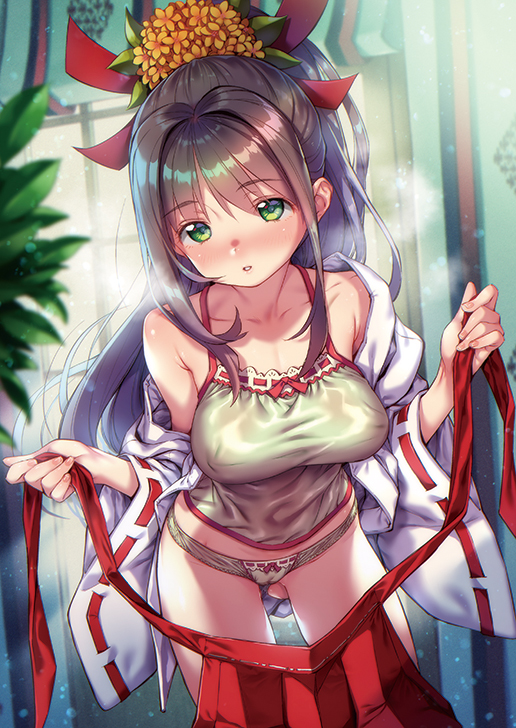 1girl bangs blush breasts brown_hair camisole cowboy_shot eyebrows_visible_through_hair feet_out_of_frame flower green_eyes hair_flower hair_ornament hakama hakama_removed japanese_clothes kink large_breasts long_hair long_sleeves miko off_shoulder original panties parted_lips photoshop_(medium) red_hakama ribbon-trimmed_sleeves ribbon_trim solo underwear undressing wide_sleeves