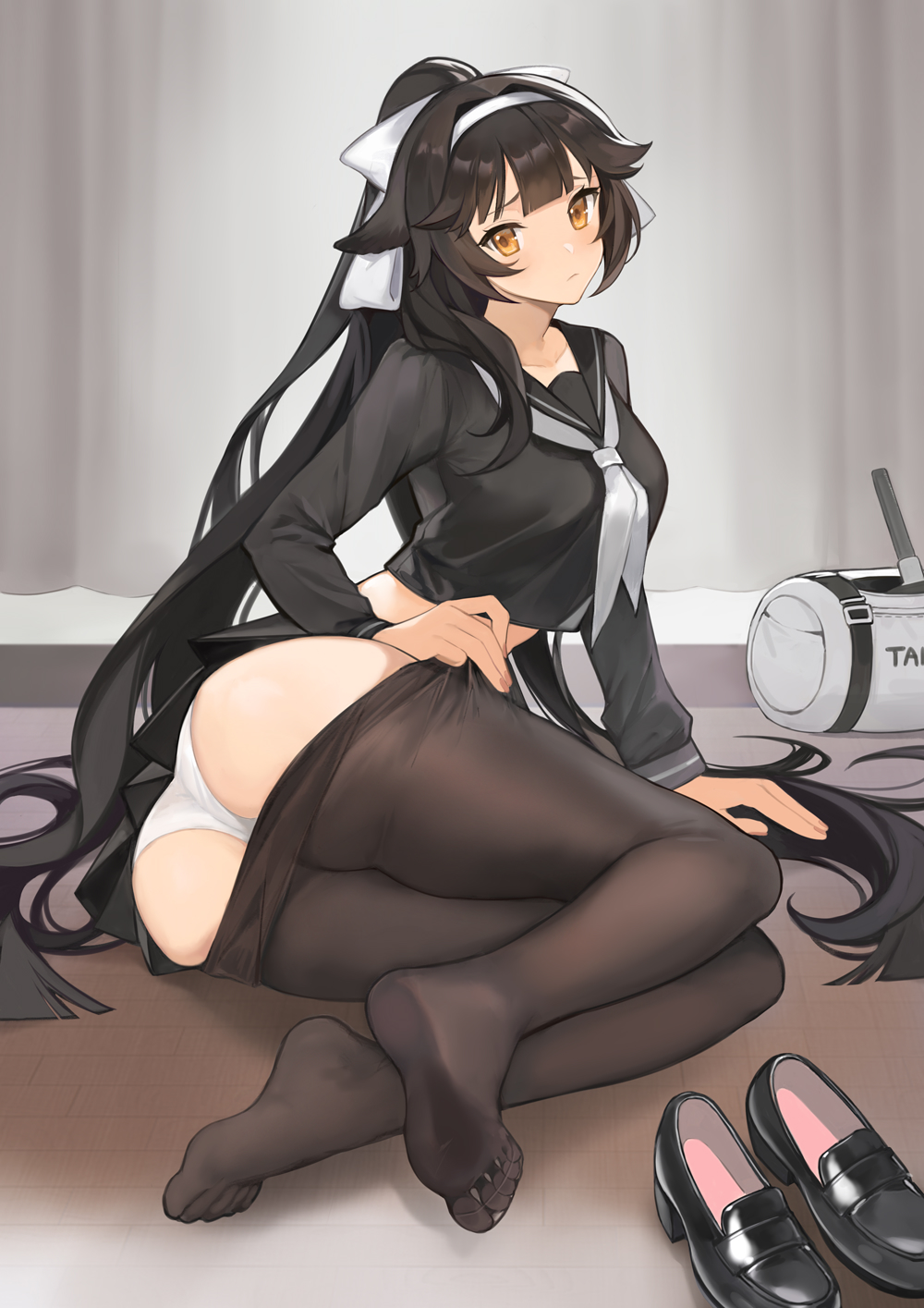 1girl animal_ears ass azur_lane bag black_footwear black_hair black_legwear black_shirt black_skirt blush breasts chinese_commentary closed_mouth clothes_pull cropped_shirt curtains duffel_bag embarrassed frown full_body furrowed_brow hair_flaps hair_intakes hair_ribbon hairband highres indoors loafers long_hair looking_at_viewer medium_breasts miniskirt mixed-language_commentary official_alternate_costume orange_eyes panties pantyhose pantyhose_pull pleated_skirt ponytail ribbon sailor_collar school_uniform serafuku shirt shoes shoes_removed sitting skirt solo takao_(academy_romantica)_(azur_lane) takao_(azur_lane) underwear uniform very_long_hair white_neckwear white_panties white_ribbon yayako_(804907150)