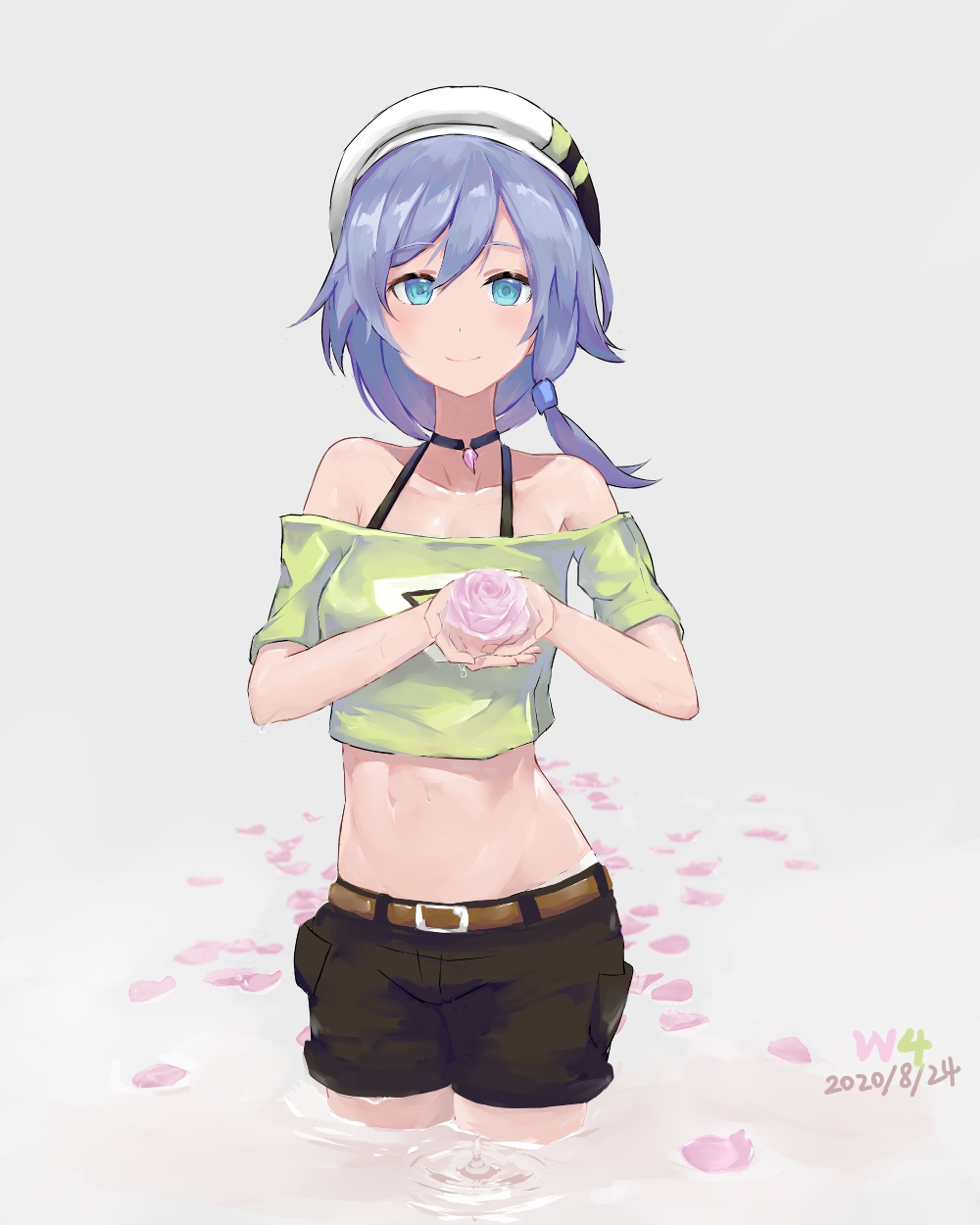 1girl bangs bare_shoulders belt belt_buckle beret black_hair black_shorts blue_eyes buckle closed_mouth flower fu_hua fu_hua_(night_squire) green_shirt grey_background hair_between_eyes hair_ornament hat highres holding holding_flower honkai_(series) honkai_impact_3rd long_hair looking_at_viewer navel petals petals_on_liquid pink_flower shirt short_sleeves shorts smile white_headwear wsad4073_(40739983)