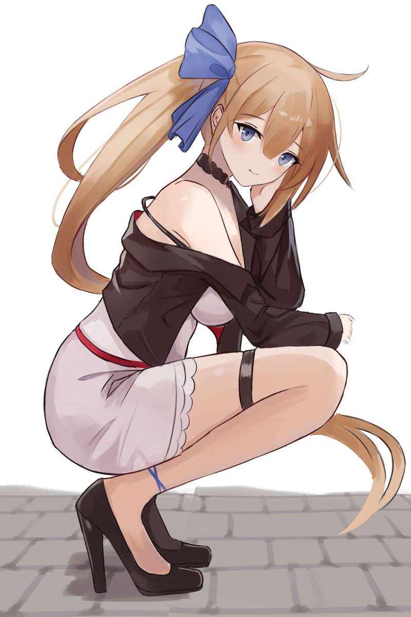 1girl anklet bare_shoulders battle_rifle black_choker blonde_hair blue_bow blue_eyes bow bra_strap choker eyebrows_visible_through_hair fal_(girls'_frontline) fn_fal frilled_skirt frills girls_frontline gun hair_between_eyes hand_on_own_face high_heels highres jewelry long_hair looking_at_viewer multico off_shoulder ponytail rifle sidelocks skirt smile solo squatting stone_floor thigh_strap weapon white_background