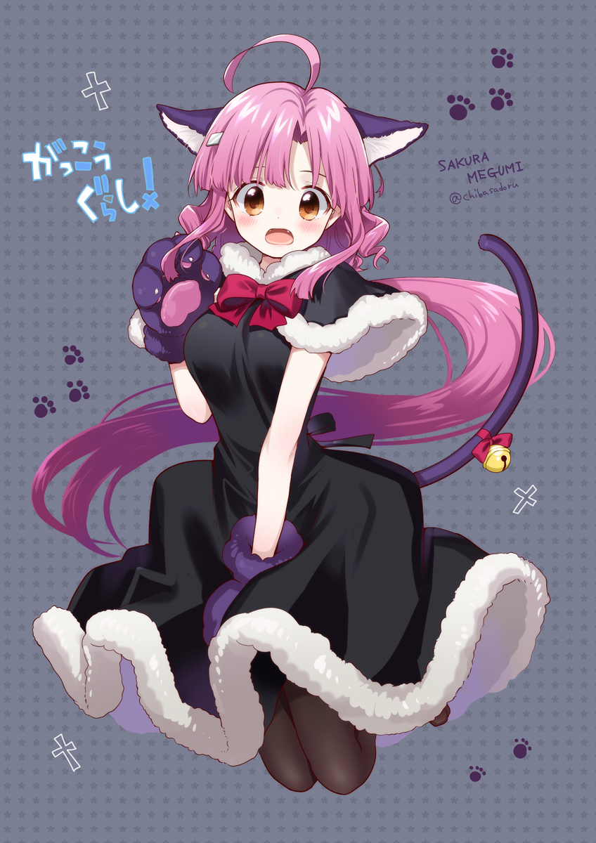 1girl ahoge animal_ear_fluff animal_ears animal_hands bangs bell black_capelet black_dress black_legwear black_ribbon blunt_bangs blunt_tresses blush bow bowtie brown_eyes capelet cat_ears cat_girl cat_paws cat_tail character_name chiba_sadoru copyright_name d: dark_background dress dress_tug fake_animal_ears fake_tail fangs floating_hair fur-trimmed_capelet fur-trimmed_dress fur_trim gakkou_gurashi! gloves grey_background hair_intakes hair_ornament hairclip halloween halloween_costume hand_up highres jingle_bell jumping legs_together legs_up light_brown_eyes long_hair looking_at_viewer low_ponytail medium_dress official_art open_mouth pantyhose parted_bangs paw_gloves paw_print pink_hair red_bow red_neckwear ribbon ringlets sakura_megumi sidelocks solo tail tail_bell tail_bow tail_ornament tail_raised tareme teeth twitter_username very_long_hair