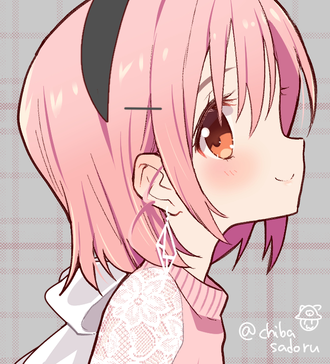 1girl artist_logo bangs black_hairband blush close-up closed_mouth earrings eyelashes face from_side gakkou_gurashi! grey_background hair_behind_ear hair_ornament hair_ribbon hairband hairclip jewelry lace light_brown_eyes looking_at_viewer looking_to_the_side official_art older pink_hair plaid plaid_background portrait profile ribbon sideways_glance sideways_mouth signature smile solo spoilers takeya_yuki tareme twitter_username white_ribbon