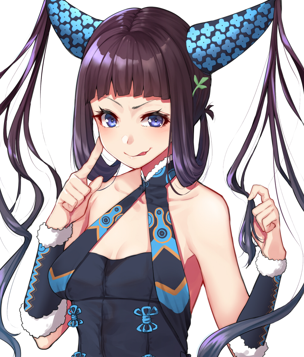1girl :p bare_shoulders breasts brown_hair bun_cover fate/grand_order fate_(series) fur_trim hair_horns hands_up index_finger_raised long_hair looking_at_viewer mikan_(chipstar182) simple_background small_breasts smile solo tongue tongue_out twintails upper_body violet_eyes white_background wristband yang_guifei_(fate)