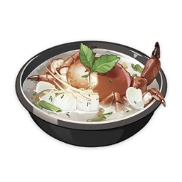 artist_request bowl commentary crab english_commentary flower food food_focus garnish genshin_impact leaf lowres mint muted_color no_humans official_art petals soup still_life third-party_source transparent_background white_flower