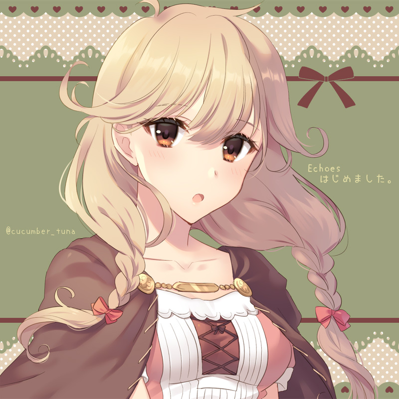 1girl awayuki_ramika braid brown_eyes brown_hair collarbone copyright_name dotted_background dress faye_(fire_emblem) fire_emblem fire_emblem_echoes:_shadows_of_valentia flipped_hair green_background hair_ribbon heart long_hair looking_at_viewer low-braided_long_hair open_mouth red_ribbon ribbon solo twin_braids twitter_username upper_body