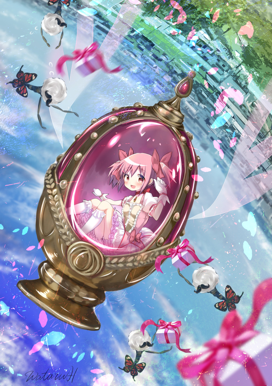 1girl :d blue_background bow box bubble_skirt eyebrows_visible_through_hair full_body gift gift_box goddess_madoka hand_up highres hoshikage_wataru kaname_madoka lake looking_at_viewer magical_girl mahou_shoujo_madoka_magica open_mouth outstretched_arms pink_eyes pink_hair short_hair short_twintails sitting skirt smile solo soul_gem twintails water wings