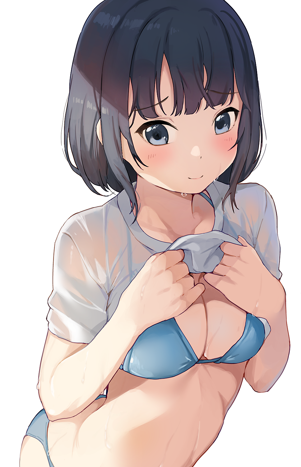 1girl bikini black_hair blue_bikini blue_eyes blush breasts closed_mouth clothes_lift highres hiroki_(yyqw7151) lifted_by_self looking_at_viewer medium_breasts original shirt shirt_lift short_hair simple_background smile solo swimsuit wet wet_clothes wet_hair wet_shirt white_background white_shirt