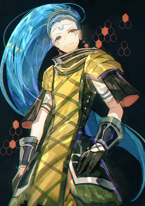 .hack// .hack//g.u. 1boy black_background black_gloves blue_hair brown_eyes cowboy_shot facial_mark forehead_tattoo gloves hairband kuhn_(.hack//) long_hair looking_at_viewer mura_karuki short_sleeves smile solo standing tattoo yellow_hairband