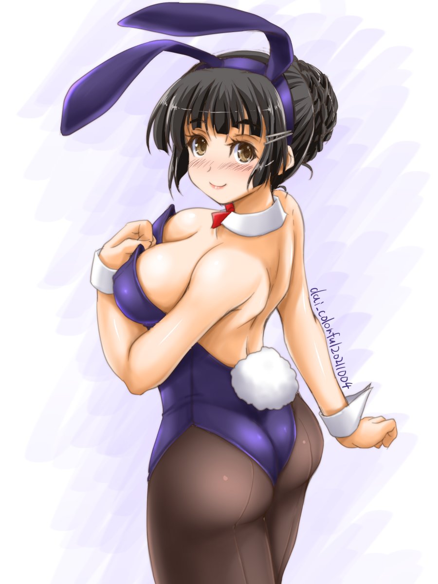 1girl akimoto_dai animal_ears artist_name ass black_hair black_legwear bow bowtie braid braided_bun breasts brown_eyes commentary_request cowboy_shot dated detached_collar from_behind hair_bun highres kantai_collection large_breasts leotard long_hair looking_at_viewer myoukou_(kancolle) one-hour_drawing_challenge pantyhose playboy_bunny purple_leotard rabbit_ears rabbit_tail red_neckwear solo strapless strapless_leotard tail wrist_cuffs