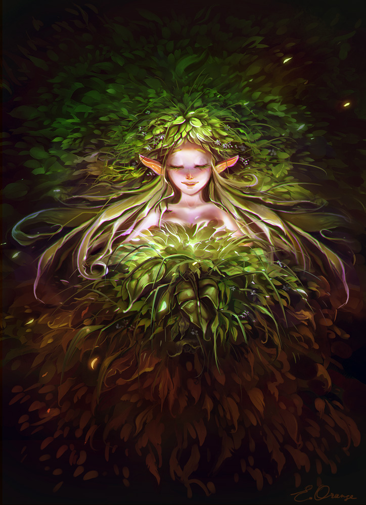 1girl closed_eyes commentary ekaterina_orange english_commentary flower green_hair lif_(ragnarok_online) long_hair monster_girl open_mouth plant plant_girl plant_hair pointy_ears ragnarok_online revision signature smile solo upper_body white_flower