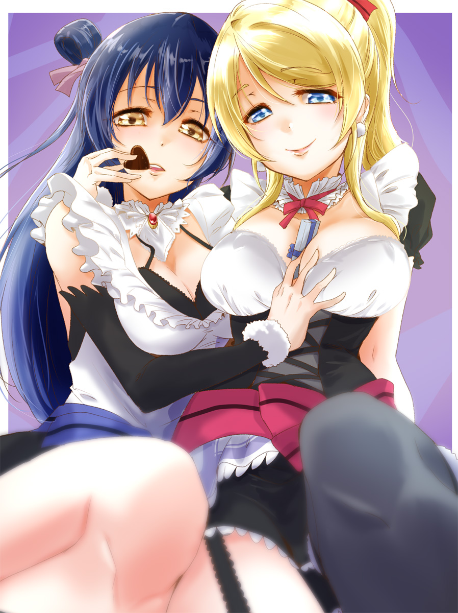 2girls apron ayase_eli bangs blonde_hair blue_eyes blue_hair box candy chocolate commentary_request detached_sleeves earrings food gift gift_box hair_ribbon heart heart-shaped_chocolate highres holding holding_box holding_gift jewelry long_hair looking_at_viewer love_live! love_live!_school_idol_project maid maid_apron maid_headdress mogyutto_"love"_de_sekkin_chuu! multiple_girls ponytail ribbon smile sonoda_umi swept_bangs urutsu_sahari valentine yellow_eyes yuri