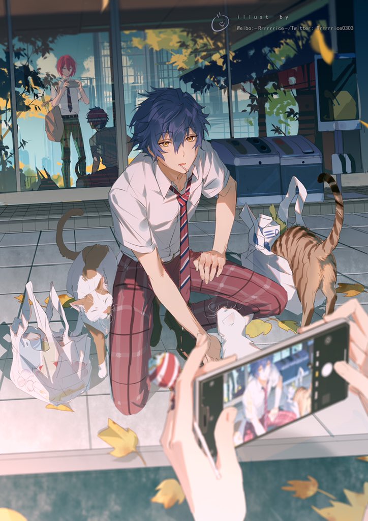 2boys back blue_hair cat city ensemble_stars! holding holding_phone leaf lens_flare looking_at_another maple_leaf multiple_boys necktie out_of_frame outdoors pants phone plaid plaid_pants red_neckwear redhead reflection rrr_(reason) saegusa_ibara sazanami_jun shadow solo_focus
