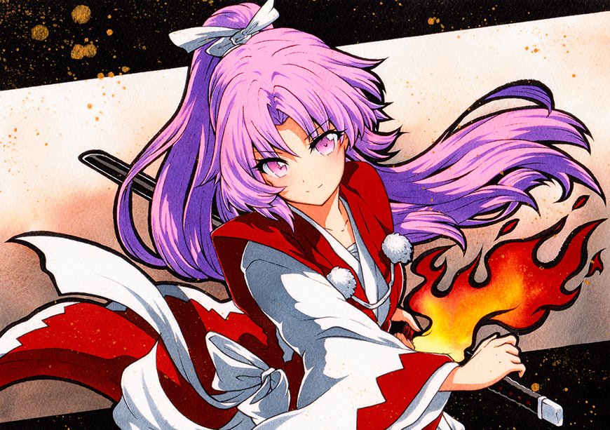 1girl bangs brown_background closed_mouth eyebrows_visible_through_hair fire holding holding_sword holding_weapon japanese_clothes kataginu long_hair long_sleeves looking_at_viewer meira_(touhou) pom_pom_(clothes) ponytail purple_hair qqqrinkappp smile solo sword touhou touhou_(pc-98) traditional_media upper_body v-shaped_eyebrows violet_eyes weapon wide_sleeves