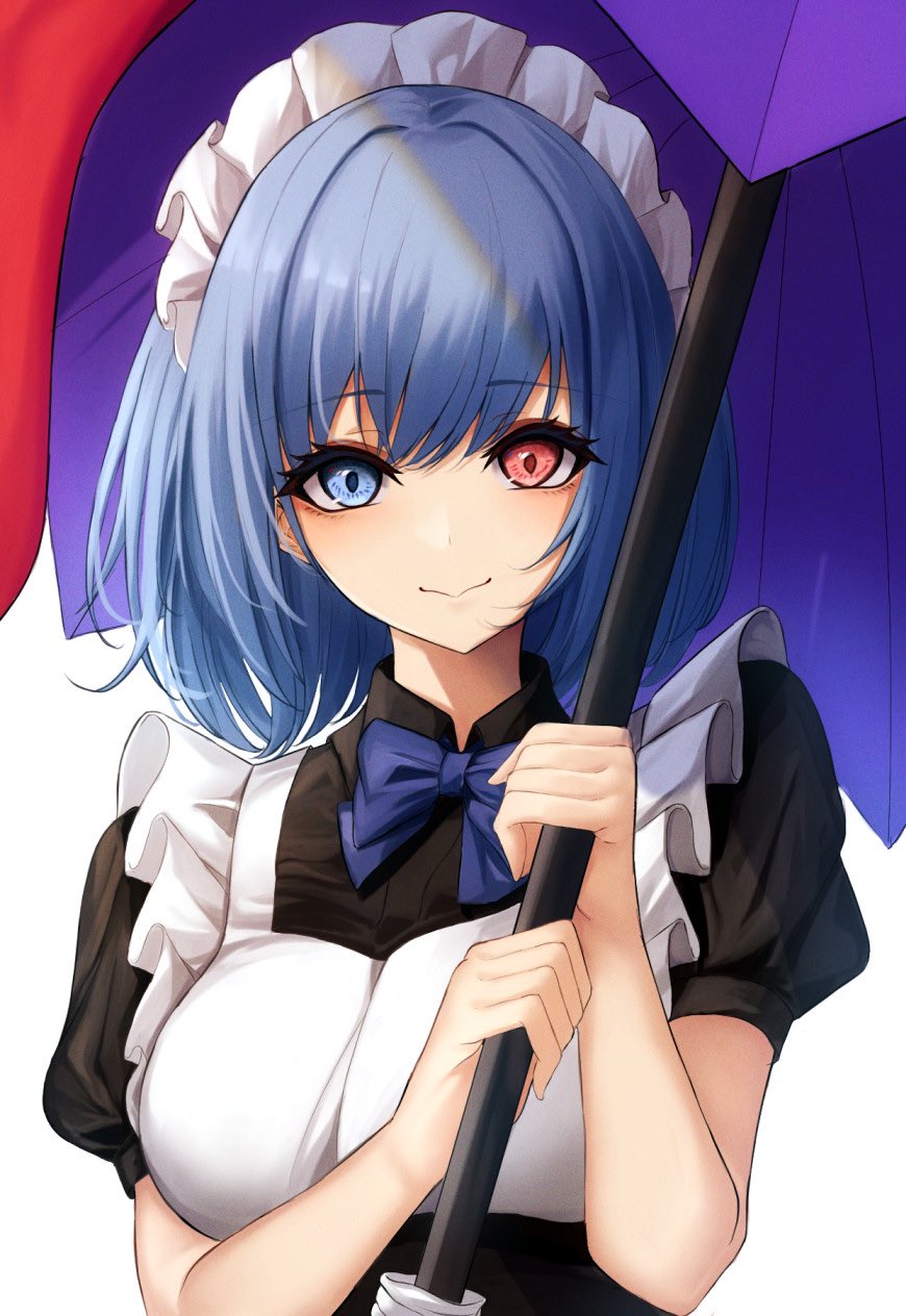 .me 1girl blue_eyes blue_hair blush commentary_request heterochromia highres karakasa_obake looking_at_viewer red_eyes simple_background solo tatara_kogasa touhou umbrella upper_body white_background