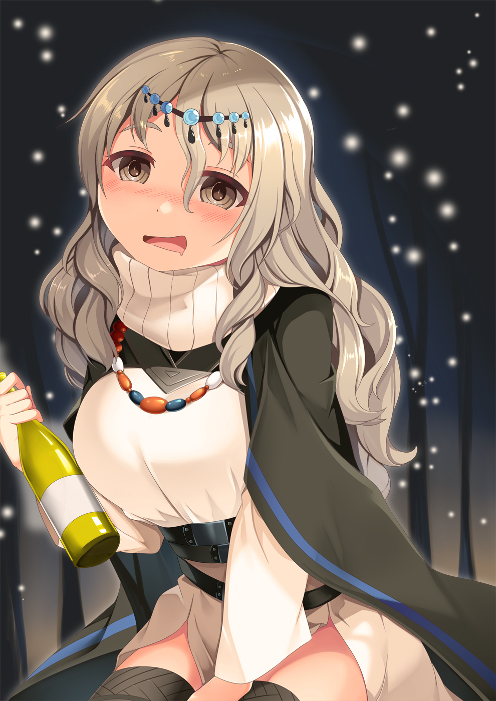 1girl alcohol arknights bangs bead_necklace beads belt between_legs black_belt black_capelet black_legwear blush bottle breasts brown_eyes capelet cosplay cowboy_shot dress drunk empty_eyes eyebrows_visible_through_hair hair_between_eyes hand_between_legs head_chain highres holding holding_bottle jewelry kantai_collection large_breasts long_hair long_sleeves mouth_drool necklace nose_blush open_mouth pola_(kancolle) pramanix_(arknights) pramanix_(arknights)_(cosplay) sidelocks silver_hair sitting solo thigh-highs turtleneck_dress underbust wavy_hair white_dress wine yasume_yukito