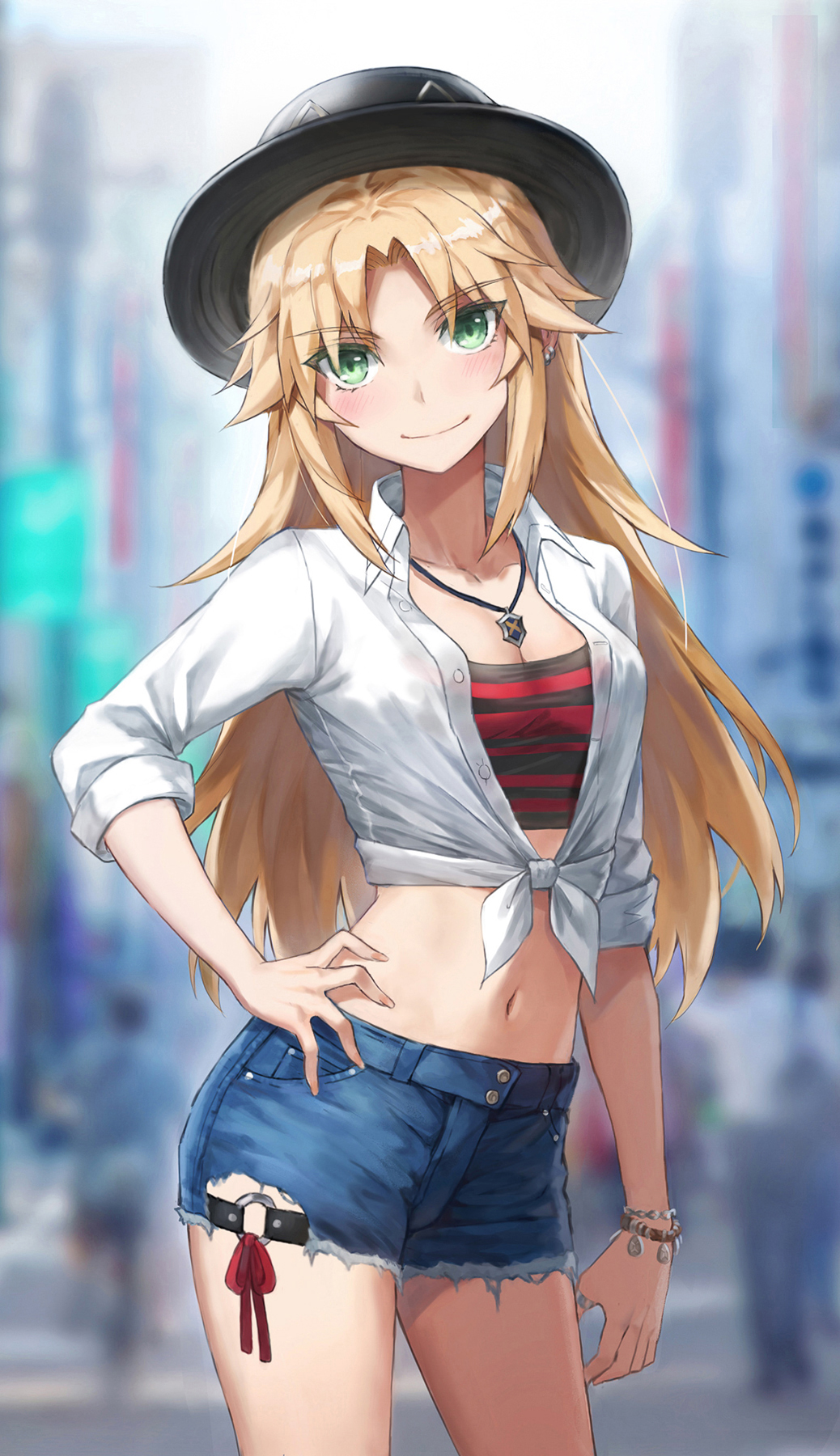 1girl bangs black_headwear blonde_hair blue_shorts blush breasts closed_mouth collarbone collared_shirt cutoffs denim denim_shorts dress_shirt eyebrows_visible_through_hair fate/apocrypha fate_(series) green_eyes hat highres jewelry long_hair long_sleeves looking_at_viewer midriff mordred_(fate) mordred_(fate/apocrypha) navel necklace parted_bangs revision shirt short_shorts shorts sidelocks small_breasts smile solo tied_shirt tonee white_shirt