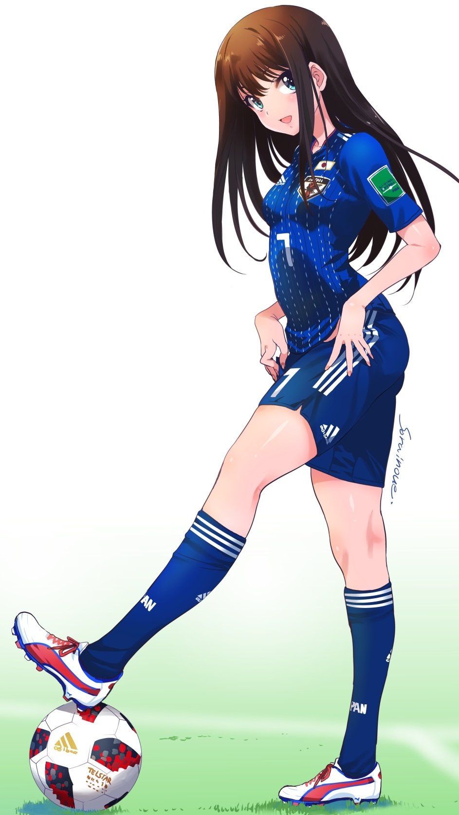 1girl 2018_fifa_world_cup adidas ball brown_hair cleats commentary_request full_body grass green_eyes highres idolmaster idolmaster_cinderella_girls inoue_sora japan japanese_flag long_hair looking_at_viewer open_mouth revision shibuya_rin shorts signature smile soccer soccer_ball soccer_uniform socks solo sportswear telstar_18 world_cup