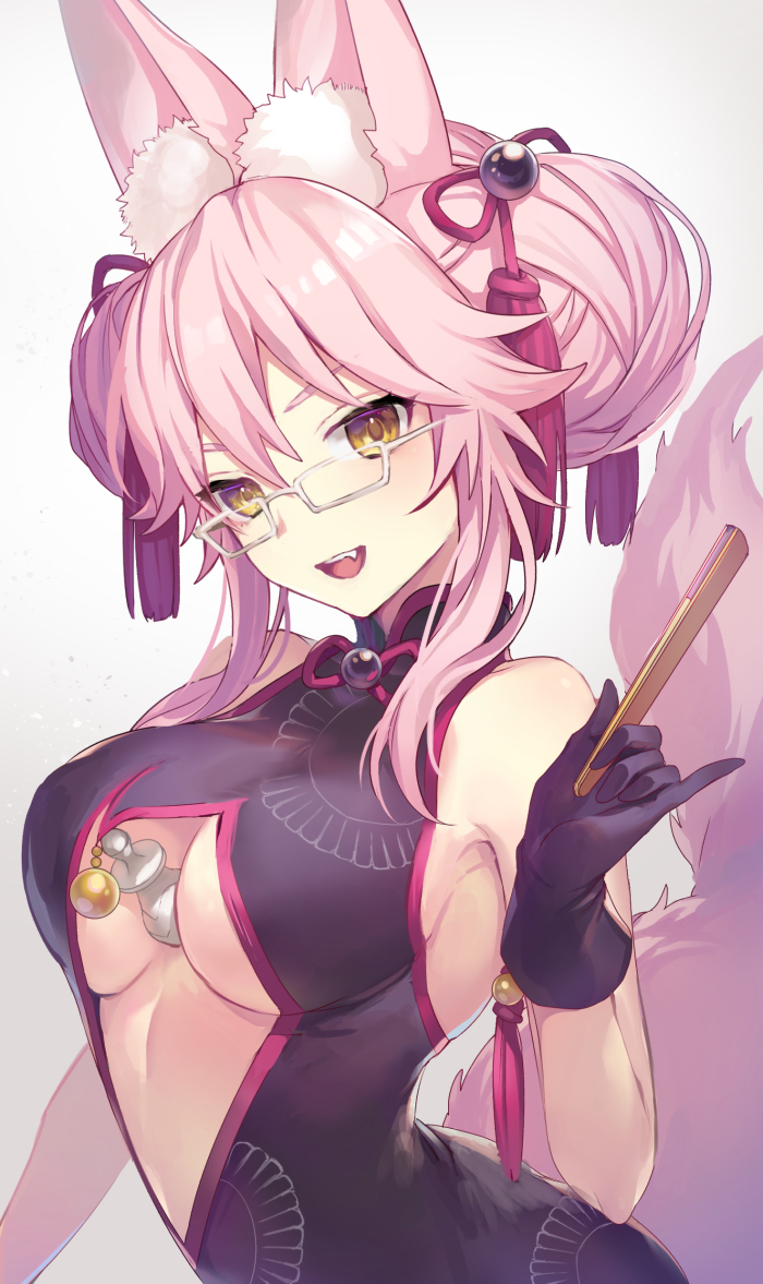 1girl animal_ear_fluff animal_ears arched_back armpits bare_shoulders black_gloves breasts center_opening china_dress chinese_clothes choker commentary_request dress earrings eyebrows_visible_through_hair fate/grand_order fate_(series) gloves hair_between_eyes hair_ornament hand_fan jewelry koyanskaya_(fate) large_breasts long_hair looking_at_viewer open_mouth pink_hair revision ribbon ribbon_choker sideboob sidelocks solo tail tamamo_(fate) upper_body very_long_hair vivi_(eve_no_hakoniwa) white-framed_eyewear yellow_eyes