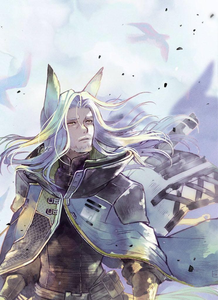 1boy arknights bangs beard cloak facial_hair feather_hair grey_hair hellagur_(arknights) long_hair looking_up mustache old parted_bangs parted_lips ren-co signature solo upper_body yellow_eyes