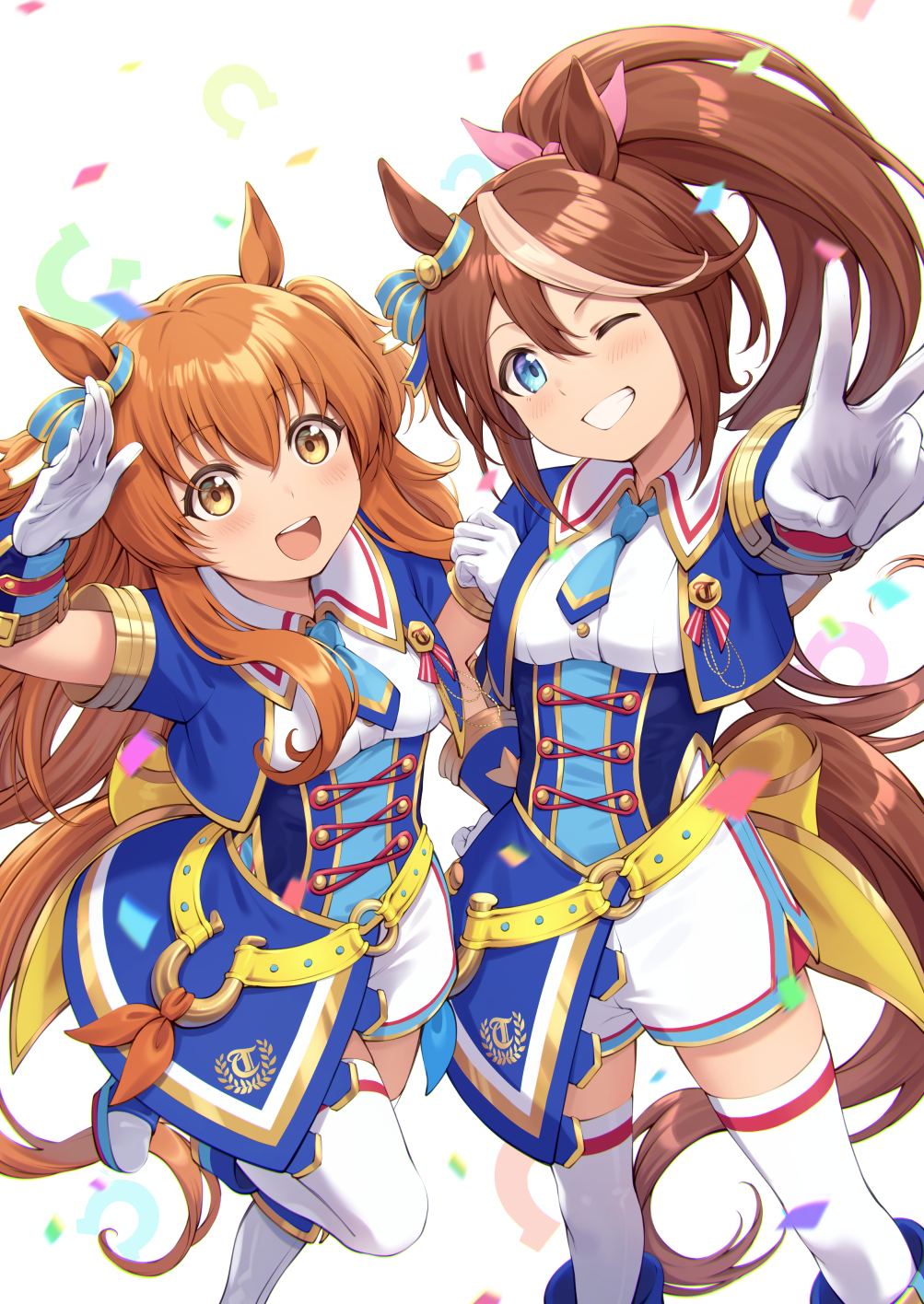 2girls :d amerika_juu_pan animal_ears badge bangs blue_neckwear blush boots breasts brown_hair buttons collared_shirt commentary_request confetti ear_ribbon eyebrows_visible_through_hair gloves grin hair_between_eyes hair_ribbon highres horse_ears horse_girl horse_tail horseshoe_print jacket leg_up locked_arms long_hair looking_at_viewer mayano_top_gun_(umamusume) medium_breasts multicolored_hair multiple_girls necktie one_eye_closed open_mouth orange_hair outstretched_arm pink_ribbon ribbon salute shirt shorts smile streaked_hair tail teeth thigh-highs tokai_teio_(umamusume) tongue twintails two_side_up umamusume uniform upper_teeth v white_background white_gloves white_hair white_shorts