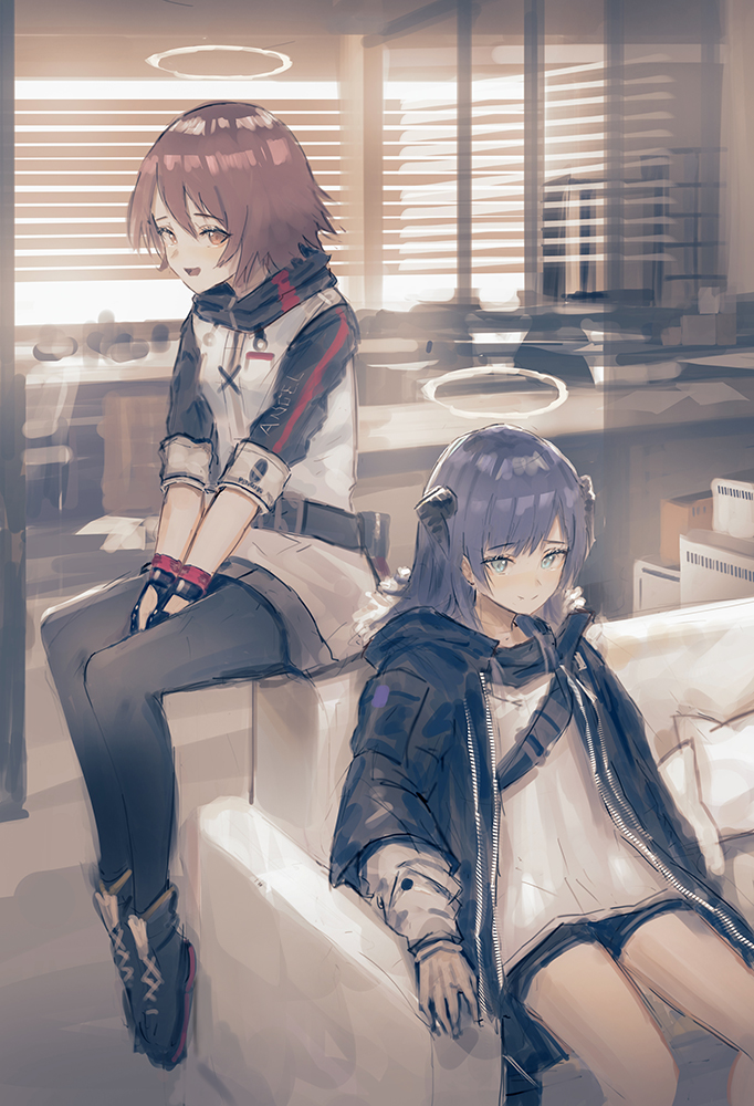 2girls arknights bangs black_gloves black_jacket black_legwear blue_eyes blue_hair closed_mouth couch demon_horns exusiai_(arknights) eyebrows_visible_through_hair feet_out_of_frame fingerless_gloves full_body fur_trim gloves halo horns indoors jacket long_hair long_sleeves mostima_(arknights) multiple_girls no_wings open_clothes open_mouth pantyhose red_eyes redhead redstealth shirt short_hair sitting smile white_jacket white_shirt