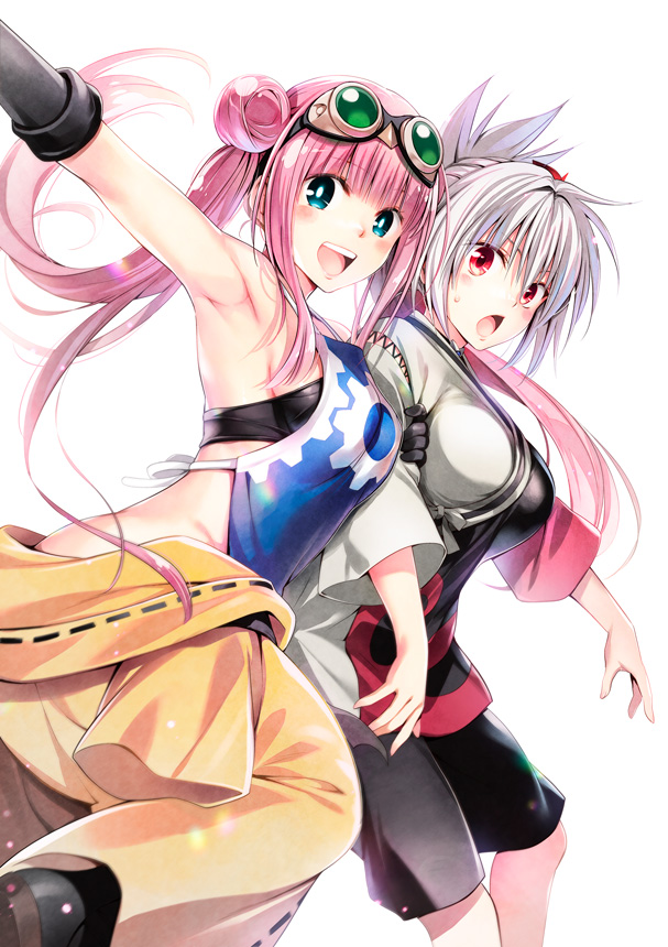 2girls apron arm_up armpits ayakashi_triangle bangs black_bra black_gloves blue_apron blue_eyes blunt_bangs blush bra breasts commentary_request double_bun elbow_gloves eyelashes feet_out_of_frame gears gloves goggles goggles_on_head grey_shirt hair_intakes hair_up holding_another's_arm kazamaki_matsuri korogi_reo large_breasts long_hair looking_at_viewer medium_breasts multiple_girls official_art open_mouth partially_undressed pink_hair red_eyes shiny shiny_clothes shiny_hair shiny_skin shirt shorts sideboob sidelocks silver_hair surprised teeth twintails underwear upper_teeth wide_sleeves yabuki_kentarou yellow_jumpsuit
