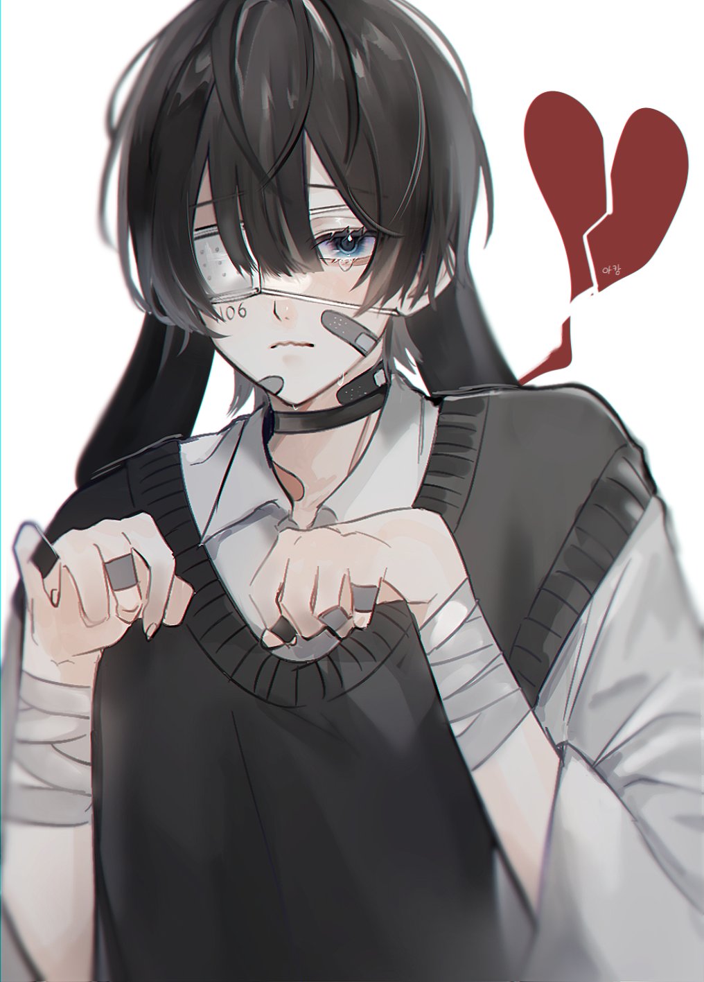 1boy a20190422 animal_ears arms_up bandage_on_face bandaged_fingers bandages bandaid bandaid_on_cheek bangs black_choker black_sweater broken_heart choker collared_shirt crying heart highres one_eye_covered original patch rabbit_ears shirt short_hair solo sweater white_background