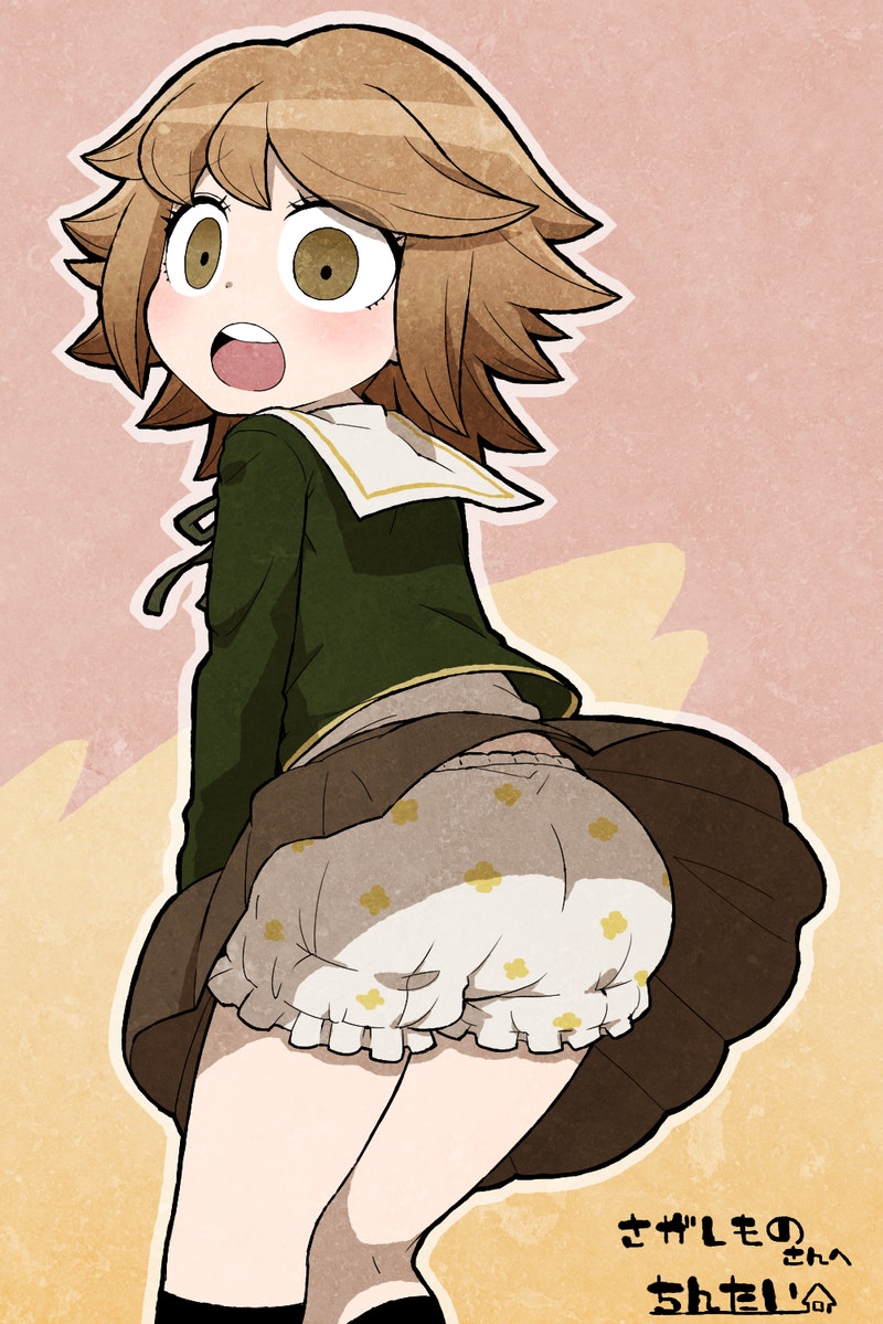 1boy ass bangs bloomers blush brown_eyes brown_hair brown_skirt chintai_(mansyontintai) commentary_request danganronpa:_trigger_happy_havoc danganronpa_(series) from_behind fujisaki_chihiro green_jacket jacket kneehighs looking_at_viewer male_focus neck_ribbon open_mouth otoko_no_ko pleated_skirt red_background ribbon school_uniform short_hair signature simple_background skirt solo surprised two-tone_background underwear upskirt yellow_background