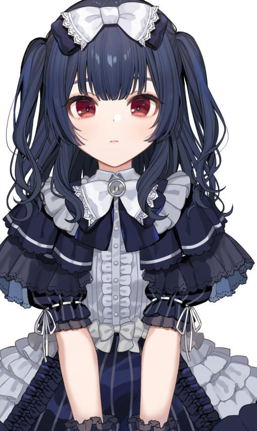 bangs black_dress blue_hair bow chiri_(ch!) closed_mouth colored_skin curly_hair dress expressionless frilled_dress frilled_skirt frilled_sleeves frills gothic_lolita hair_between_eyes idolmaster idolmaster_shiny_colors lolita_fashion long_hair looking_at_viewer morino_rinze red_eyes short_sleeves skirt solo twintails white_background white_skin