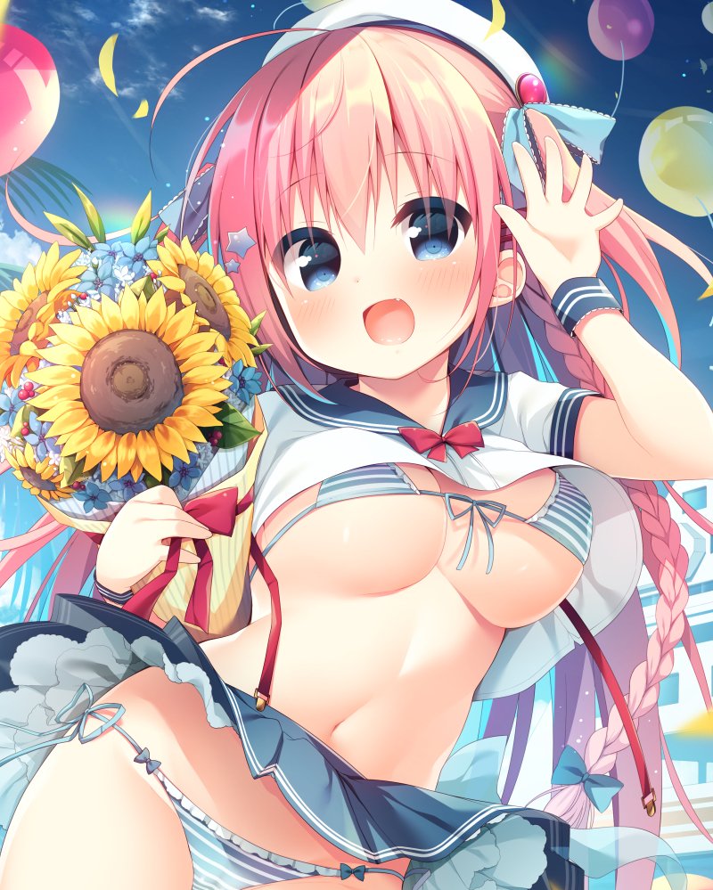 1girl :d arm_up balloon bangs beret bikini bikini_under_clothes blue_eyes blue_flower blue_sailor_collar blue_skirt blush bouquet bow braid breasts commentary_request day eyebrows_visible_through_hair flower front-tie_bikini front-tie_top hair_between_eyes hanamiya_natsuka hat holding holding_bouquet large_breasts long_hair navel open_mouth original outdoors pink_hair pleated_skirt red_bow sailor_collar shirt short_sleeves side-tie_bikini skirt smile solo striped striped_bikini sunflower swimsuit very_long_hair white_flower white_headwear white_shirt yellow_flower