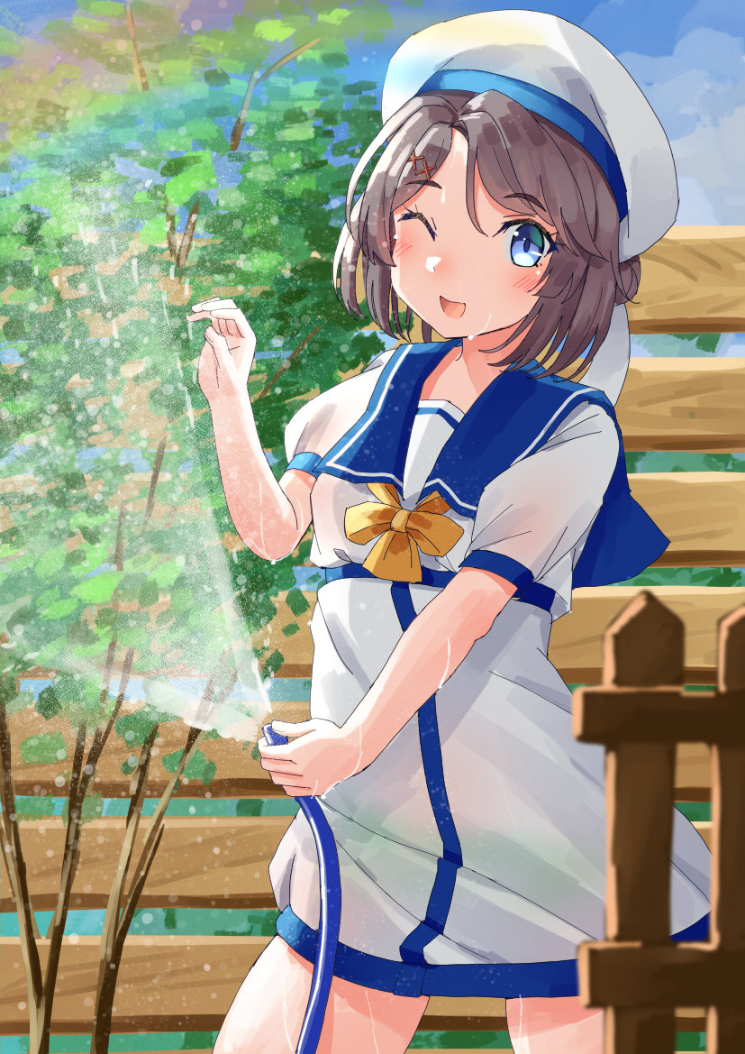 1girl bare_legs blue_sailor_collar blue_sky blurry bow clouds contrapposto cowboy_shot day depth_of_field double_bun dress fence grey_eyes grey_hair hat hose kaiboukan_no._30_(kancolle) kantai_collection looking_at_viewer mayura2002 outdoors plant rainbow sailor_collar sailor_dress sailor_hat short_hair sky solo spraying standing water white_dress white_headwear yellow_bow