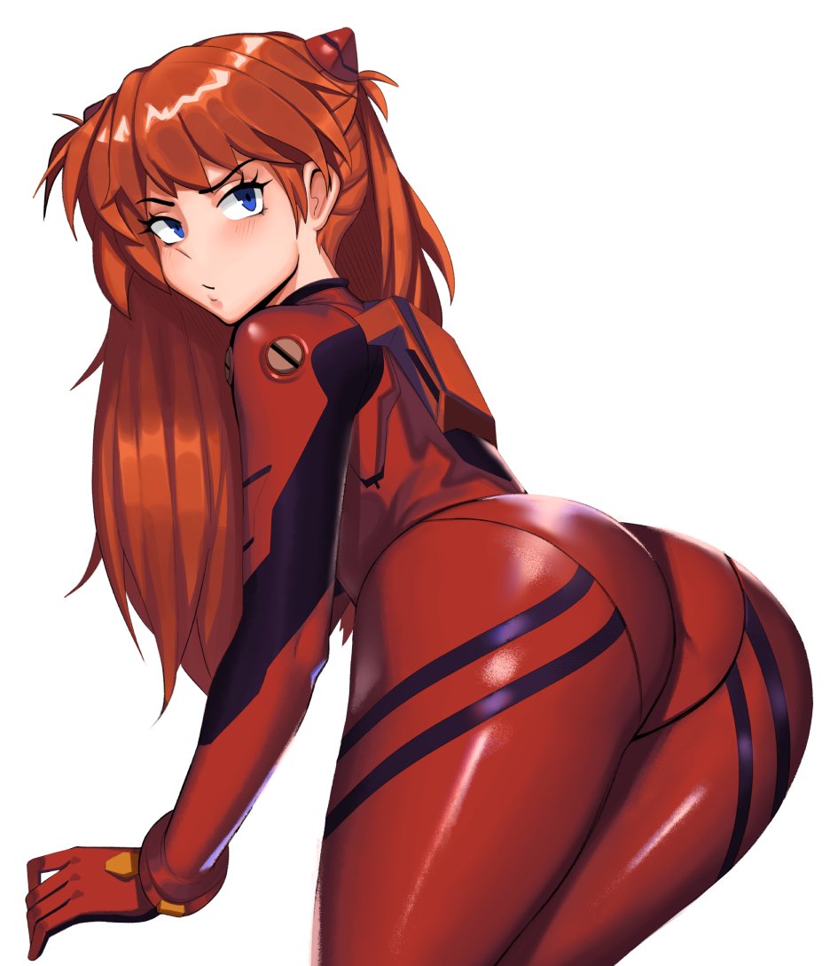 1girl ass blue_eyes blush bodysuit from_behind hair_over_shoulder interface_headset kevbot leaning_forward legs_together long_hair looking_at_viewer looking_back neon_genesis_evangelion orange_hair pantylines plugsuit red_bodysuit shiny shiny_clothes shoulder_pads solo souryuu_asuka_langley white_background wide_hips