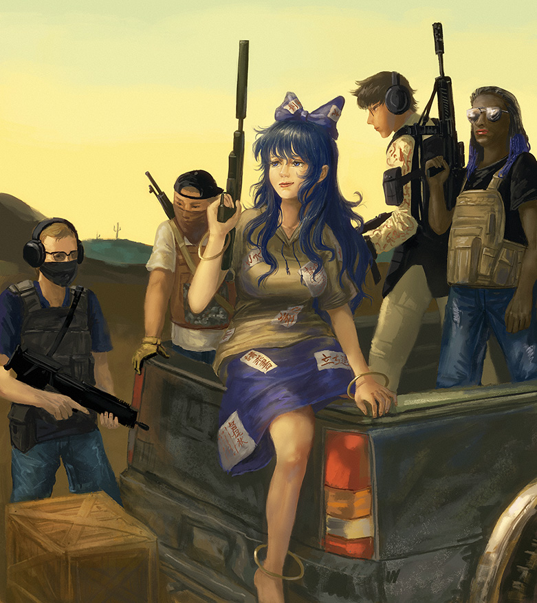 1girl 4boys amibazh anklet assault_rifle bangle barefoot blue_bow blue_eyes blue_hair blue_skirt bow box bracelet bulletproof_vest cactus covered_mouth damaged dark-skinned_male dark_skin day denim desert faux_traditional_media fine_art_parody glasses grey_hoodie ground_vehicle gun hair_bow heavy_machine_gun hood hoodie jeans jewelry long_hair machine_gun motor_vehicle multiple_boys ofuda ofuda_on_clothes outdoors pants parody rifle sand short_hair simple_background skirt sunglasses tagme touhou truck weapon white_background wooden_box yellow_sky yorigami_shion