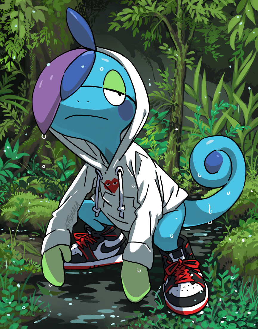 black_eyes closed_mouth clothed_pokemon commentary_request dripping drizzile frown full_body hood hood_up hoodie long_sleeves looking_to_the_side pokemon pokemon_(creature) rem_(artist) shoes sneakers solo spread_legs squatting twitter_username wet white_hoodie