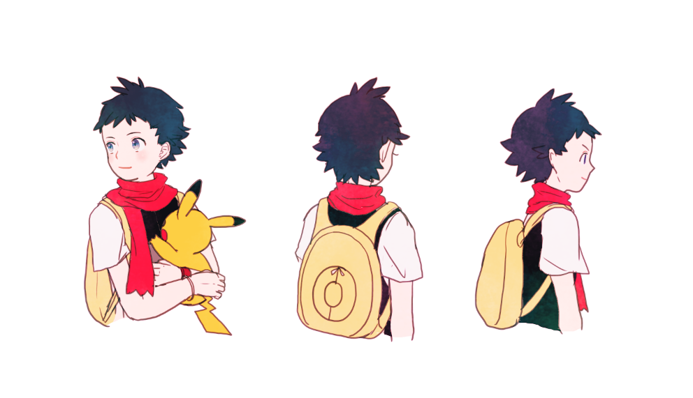 1boy backpack bag black_hair blush closed_mouth commentary_request grey_eyes holding holding_pokemon lucas_(pokemon) male_focus memi_(gamemix) no_hat no_headwear pikachu pokemon pokemon_(creature) pokemon_(game) pokemon_dppt red_scarf scarf short_hair short_sleeves simple_background smile upper_body white_background yellow_bag