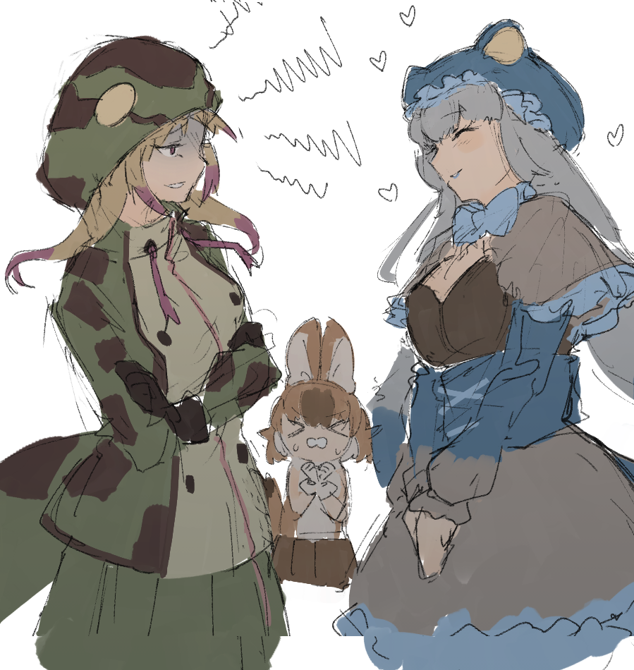&gt;_&lt; 3girls african_rock_python_(kemono_friends) alenka animal_ears bangs bow bowtie brown_hair capelet closed_eyes crossed_arms dhole_(kemono_friends) dog_ears dog_tail drawstring dress eyebrows_visible_through_hair facing_another gloves grey_hair half-closed_eyes hands_up hat heart hood hood_up hooded_jacket jacket kemono_friends kemono_friends_3 komodo_dragon_(kemono_friends) lizard_tail long_hair long_sleeves looking_at_another multicolored_hair multiple_girls own_hands_together print_jacket shaded_face shirt sketch skirt sleeveless sleeveless_shirt smile snake_print snake_tail tail twintails two-tone_hair v_arms very_long_hair