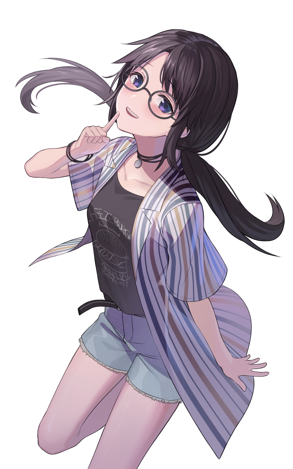 1girl :d bangs black-framed_eyewear black_hair black_shirt blue_shorts blush breasts collarbone eyebrows_visible_through_hair gomibukurokarasu hand_up highres idolmaster idolmaster_shiny_colors jacket long_hair low_twintails mitsumine_yuika open_clothes open_jacket open_mouth round_eyewear shirt short_shorts shorts simple_background small_breasts smile solo standing standing_on_one_leg striped striped_jacket teeth twintails upper_teeth vertical-striped_jacket vertical_stripes violet_eyes white_background