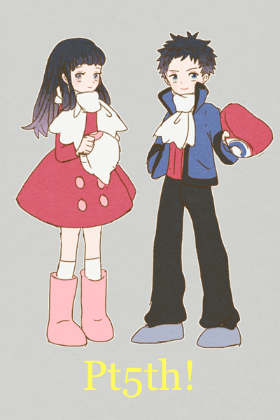 1boy 1girl bangs black_hair black_pants blue_jacket boots buttons closed_mouth coat commentary_request hikari_(pokemon) grey_background grey_eyes grey_footwear hat holding holding_clothes holding_hat jacket long_hair lucas_(pokemon) memi_(gamemix) pants pink_footwear pokemon pokemon_(game) pokemon_dppt pokemon_platinum red_coat scarf shoes short_hair simple_background smile spiky_hair standing white_legwear white_scarf