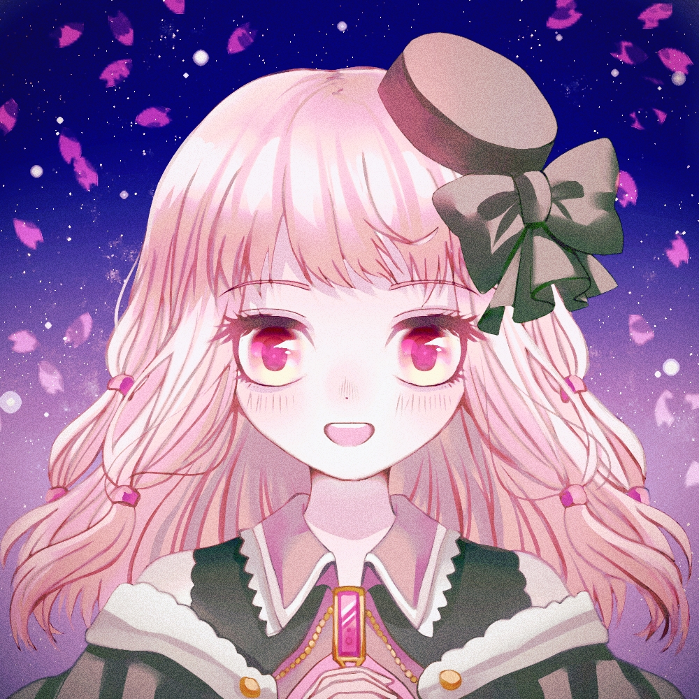 1girl :d bow eyebrows_visible_through_hair hat hat_bow looking_at_viewer magia_record:_mahou_shoujo_madoka_magica_gaiden magical_girl mahou_shoujo_madoka_magica open_mouth own_hands_clasped own_hands_together petals pink_eyes pink_hair smile solo soul_gem tamaki_ui yvette_(yunzhixi)