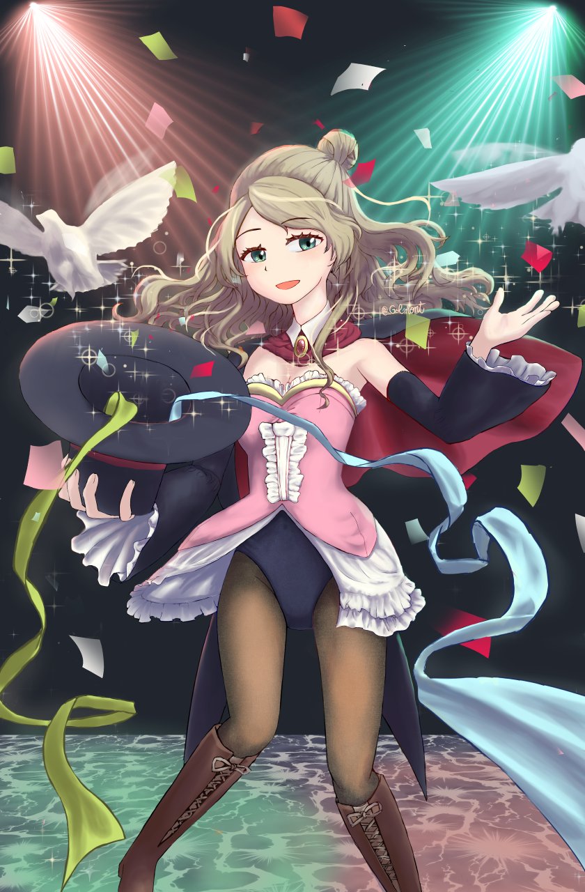1girl bird black_leotard black_sleeves blonde_hair boots brown_legwear cape cross-laced_footwear detached_sleeves dove dress eyebrows_visible_through_hair gol_mant green_eyes hair_bun highres knee_boots lace-up_boots leotard long_hair looking_to_the_side magic magician open_mouth pink_dress returning_witch_sally-chan sally_(returning_witch_sally-chan) smile solo sparkle