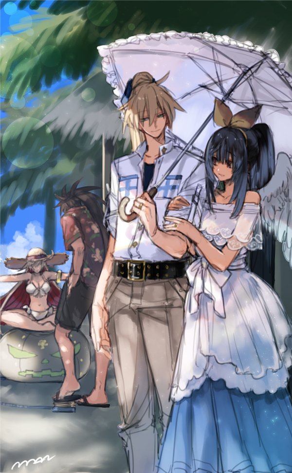2boys 2girls angel_wings asymmetrical_wings bangs bare_shoulders beach belt blonde_hair blue_eyes blue_hair blue_sky bow casual clouds couple dizzy_(guilty_gear) dress family guilty_gear guilty_gear_xrd hair_between_eyes hair_bow half-closed_eyes hat holding_another's_arm husband_and_wife jack-o'_valentine ky_kiske maka_(morphine) md5_mismatch multicolored_hair multiple_boys multiple_girls palm_tree ponytail red_eyes ribbon sandals sketch sky sol_badguy straw_hat sunlight swimsuit tree two-tone_hair umbrella white_dress white_ribbon wings