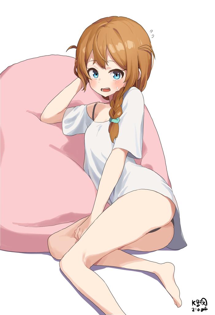 ass baba_konomi bangs barefoot black_bra black_panties blush bra braid brown_hair embarrassed flying_sweatdrops hair_between_eyes hand_on_own_head idolmaster idolmaster_million_live! legs light_blue_eyes long_hair looking_at_viewer myeolchi no_pants open_mouth panties pillow print_pillow scrunchie shirt solo sweatdrop thighs underwear white_background white_shirt