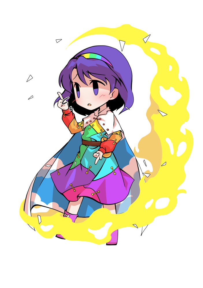 1girl arm_up bangs blue_dress blue_hairband blush boots bow buttons chibi cloak cloud_print clouds cloudy_sky collar dairi dress energy eyebrows_visible_through_hair green_dress green_hairband hair_between_eyes hairband hand_up long_sleeves looking_to_the_side multicolored multicolored_clothes multicolored_dress multicolored_hairband open_mouth orange_dress orange_sleeves pink_dress pink_footwear pink_hairband purple_dress purple_hair purple_hairband red_dress red_sleeves short_hair sky sky_print solo standing tachi-e tenkyuu_chimata touhou transparent_background violet_eyes white_bow white_cloak white_collar yellow_dress yellow_hairband