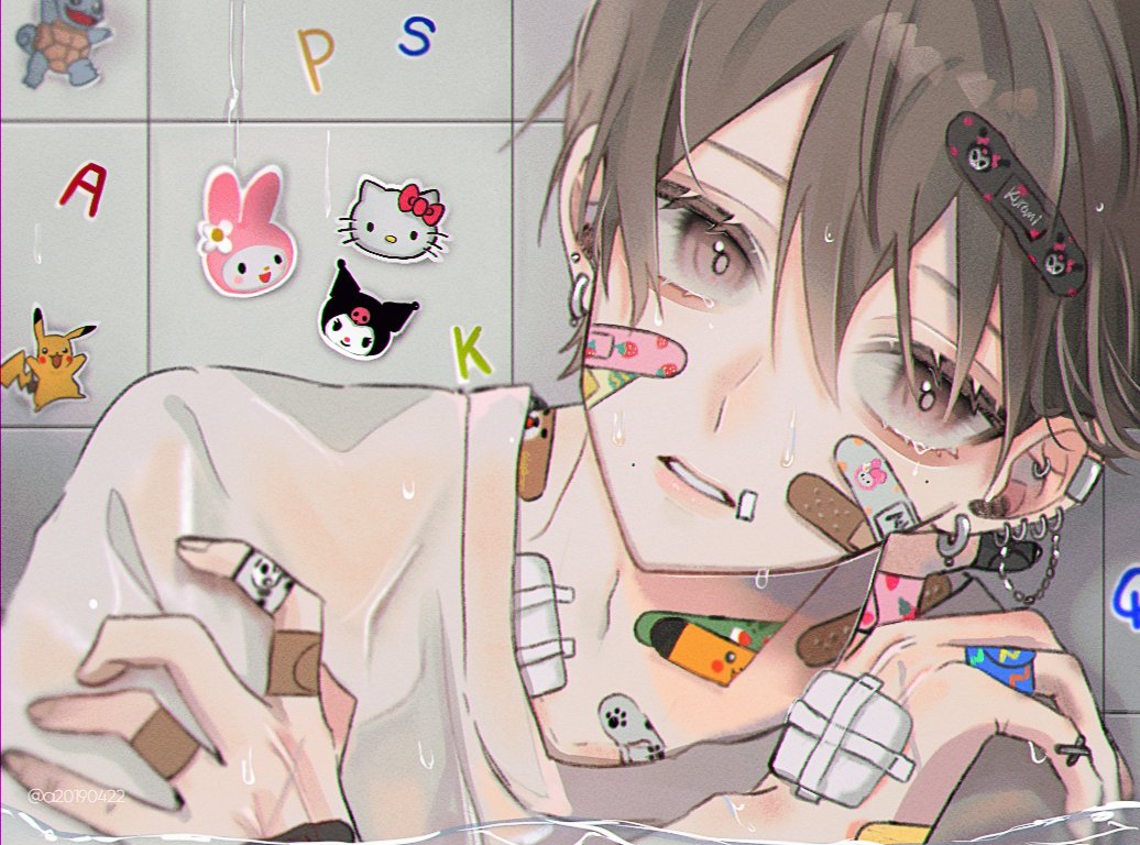 1boy a20190422 bandaged_fingers bandages bandaid brown_eyes brown_hair crying crying_with_eyes_open ear_piercing head_tilt hello_kitty_(character) kuromi my_melody original piercing pikachu shirt short_hair solo tears wet wet_clothes wet_hair wet_shirt white_shirt