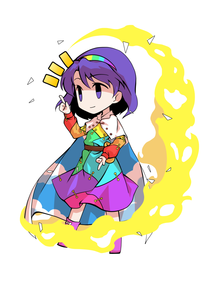 1girl arm_up bangs blue_dress blue_hairband boots bow buttons chibi cloak closed_mouth cloud_print clouds cloudy_sky collar dairi dress energy eyebrows_visible_through_hair green_dress green_hairband hair_between_eyes hairband hand_up long_sleeves looking_to_the_side multicolored multicolored_clothes multicolored_dress multicolored_hairband orange_dress orange_sleeves pink_dress pink_footwear pink_hairband purple_dress purple_hair purple_hairband red_dress red_sleeves short_hair sky sky_print smile solo standing tachi-e tenkyuu_chimata touhou transparent_background violet_eyes white_bow white_cloak white_collar yellow_dress yellow_hairband