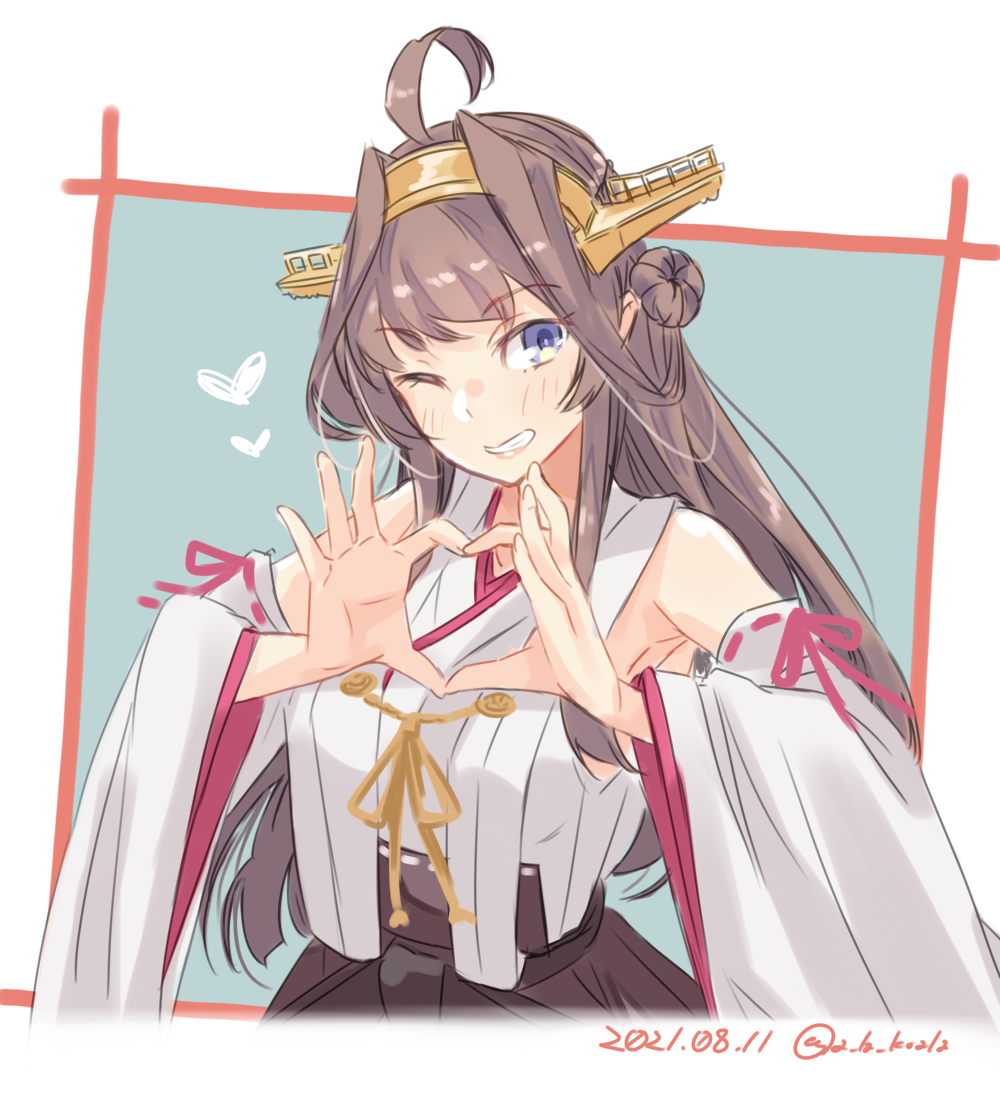 1girl ahoge alakoala brown_hair dated detached_sleeves double_bun grin hairband headgear heart heart_hands japanese_clothes kantai_collection kongou_(kancolle) long_hair looking_at_viewer one-hour_drawing_challenge remodel_(kantai_collection) ribbon-trimmed_sleeves ribbon_trim smile solo twitter_username