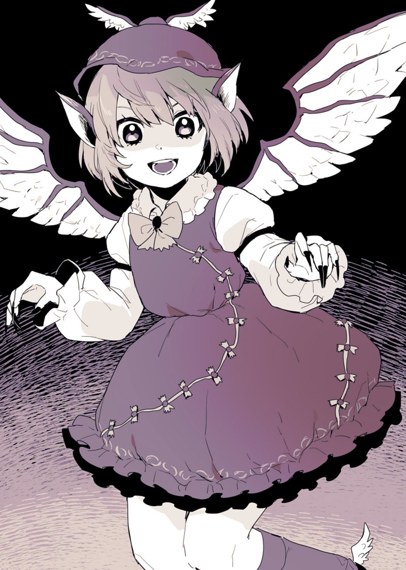 1girl animal_ears asari_(asssssr_pp) bangs bird_wings bow dress feathered_wings fingernails frilled_sleeves frills hat juliet_sleeves limited_palette long_fingernails long_sleeves looking_at_viewer mob_cap mystia_lorelei open_mouth pink_dress pink_legwear puffy_sleeves sharp_fingernails short_hair touhou white_wings winged_hat wings